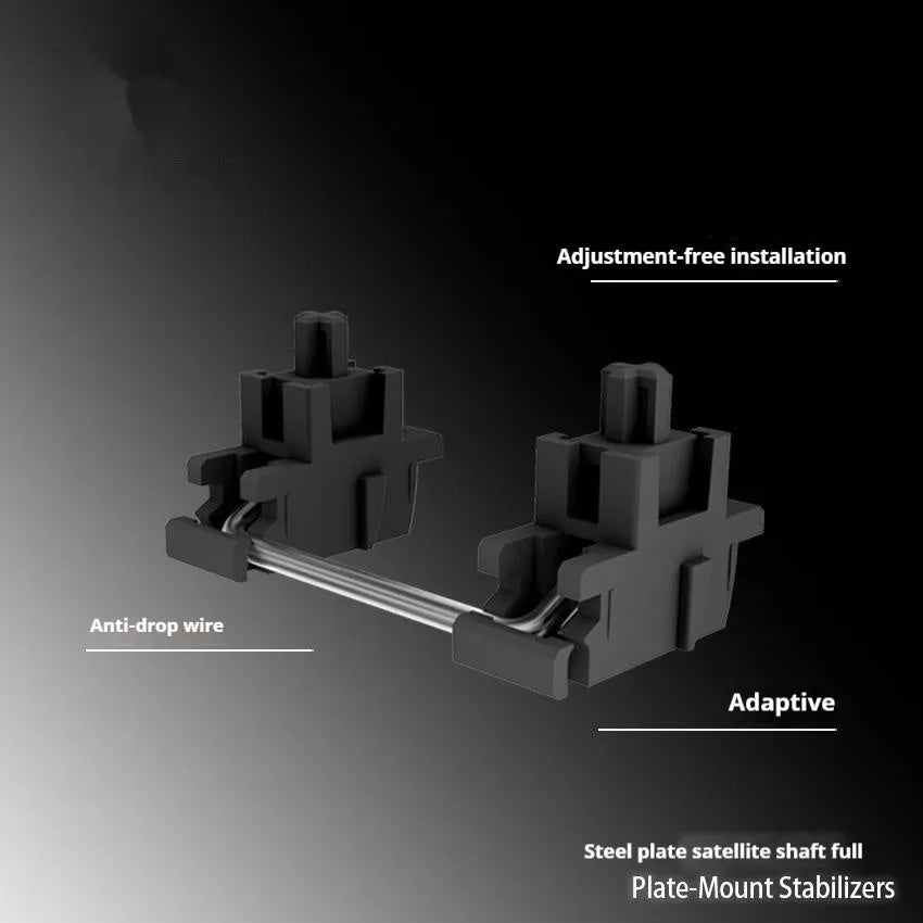 Mechanical keyboard stabiliser accessories set showing black and milky white satellite shafts for 6.25U and 7U spacebars