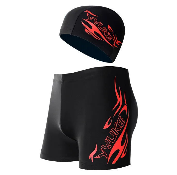 Men's plus-size black swimming trunks with blue flame pattern and matching swim cap