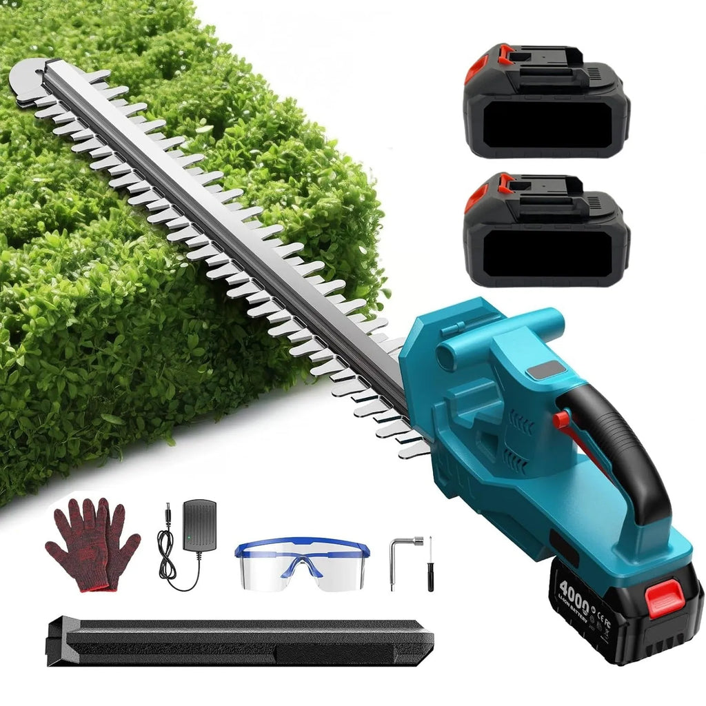 24V lithium battery cordless electric hedge trimmer with two batteries and charger on white background