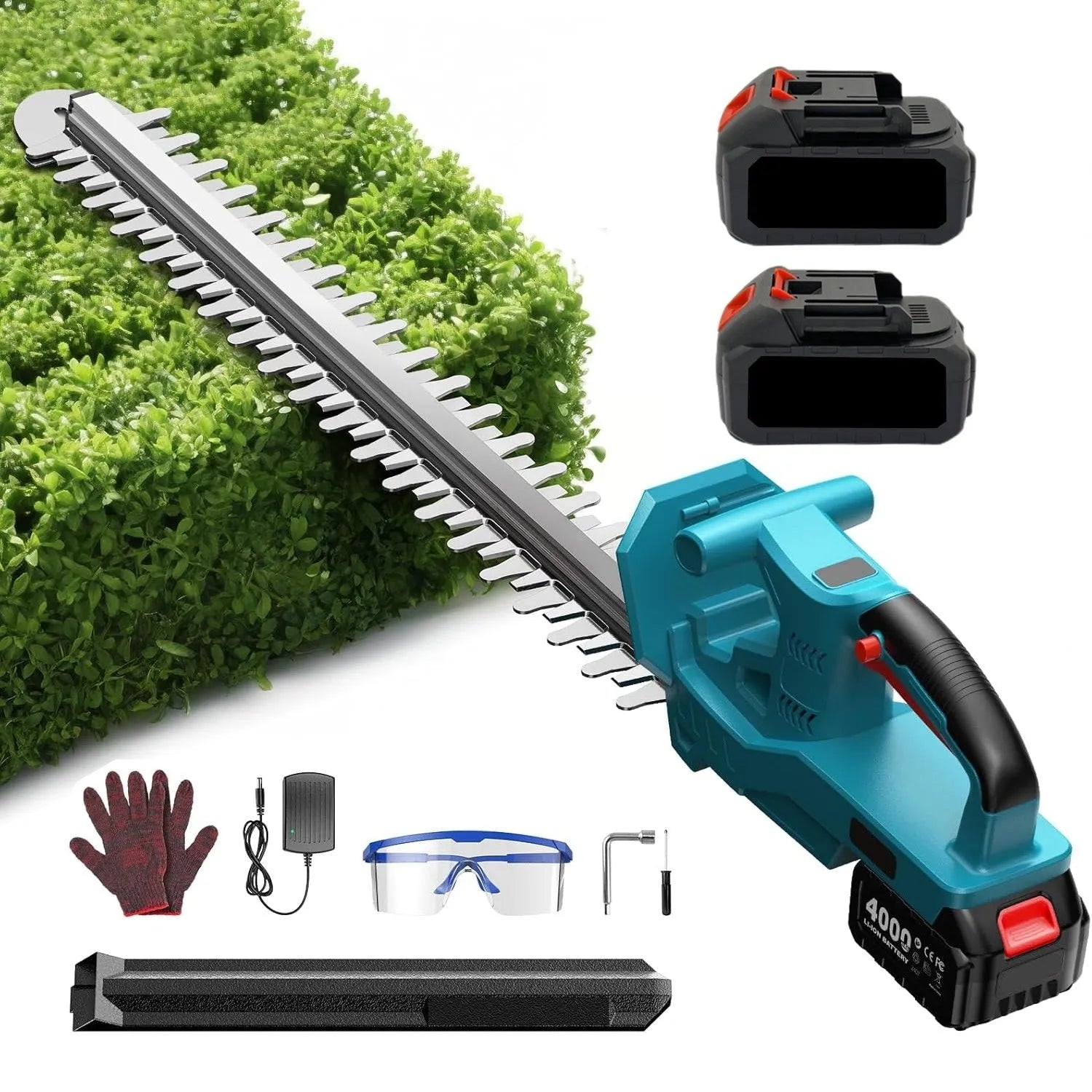 24V lithium battery cordless electric hedge trimmer with two batteries and charger on white background