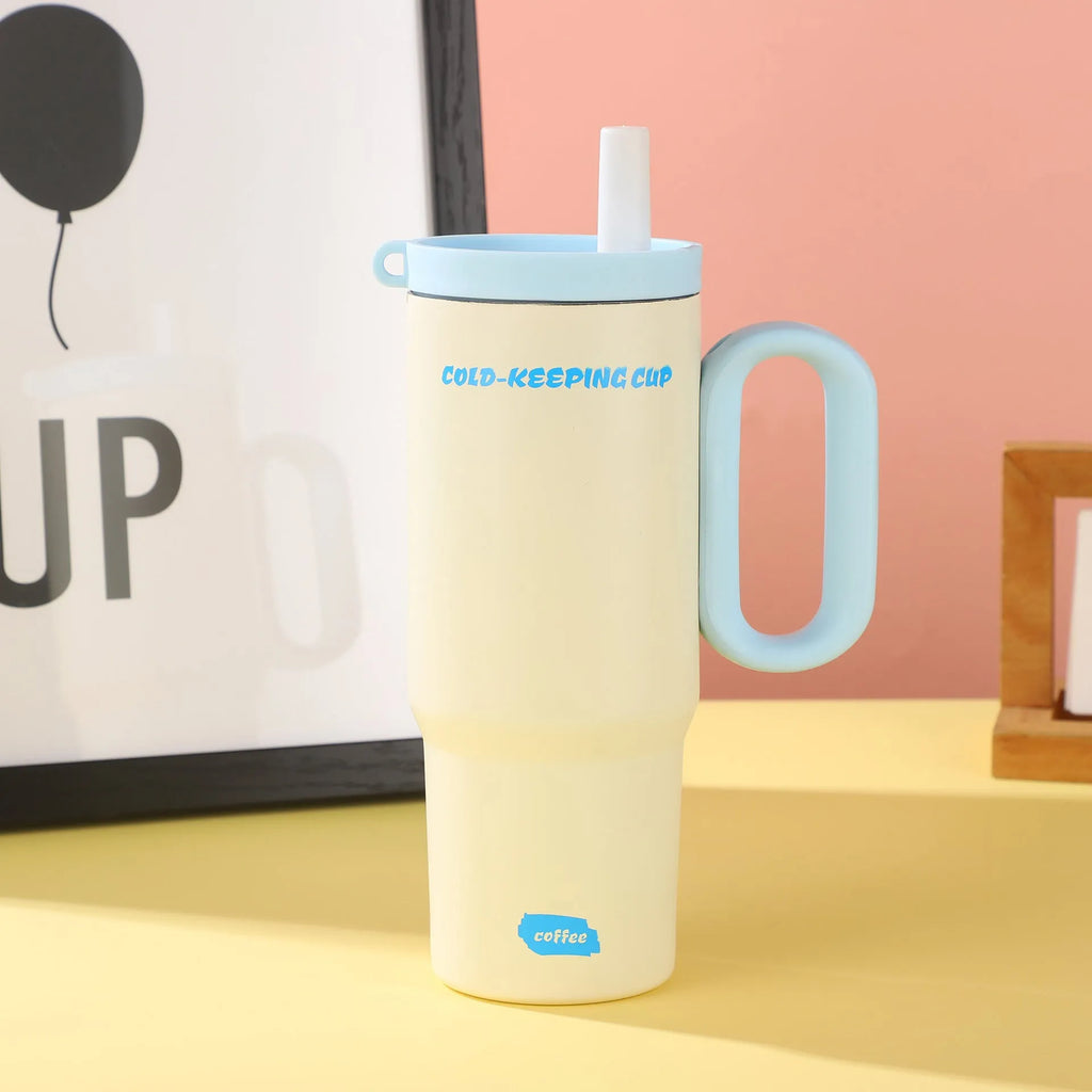 DIY Vitality large insulated straw cup with handle in black, pink, blue, white, or yellow.