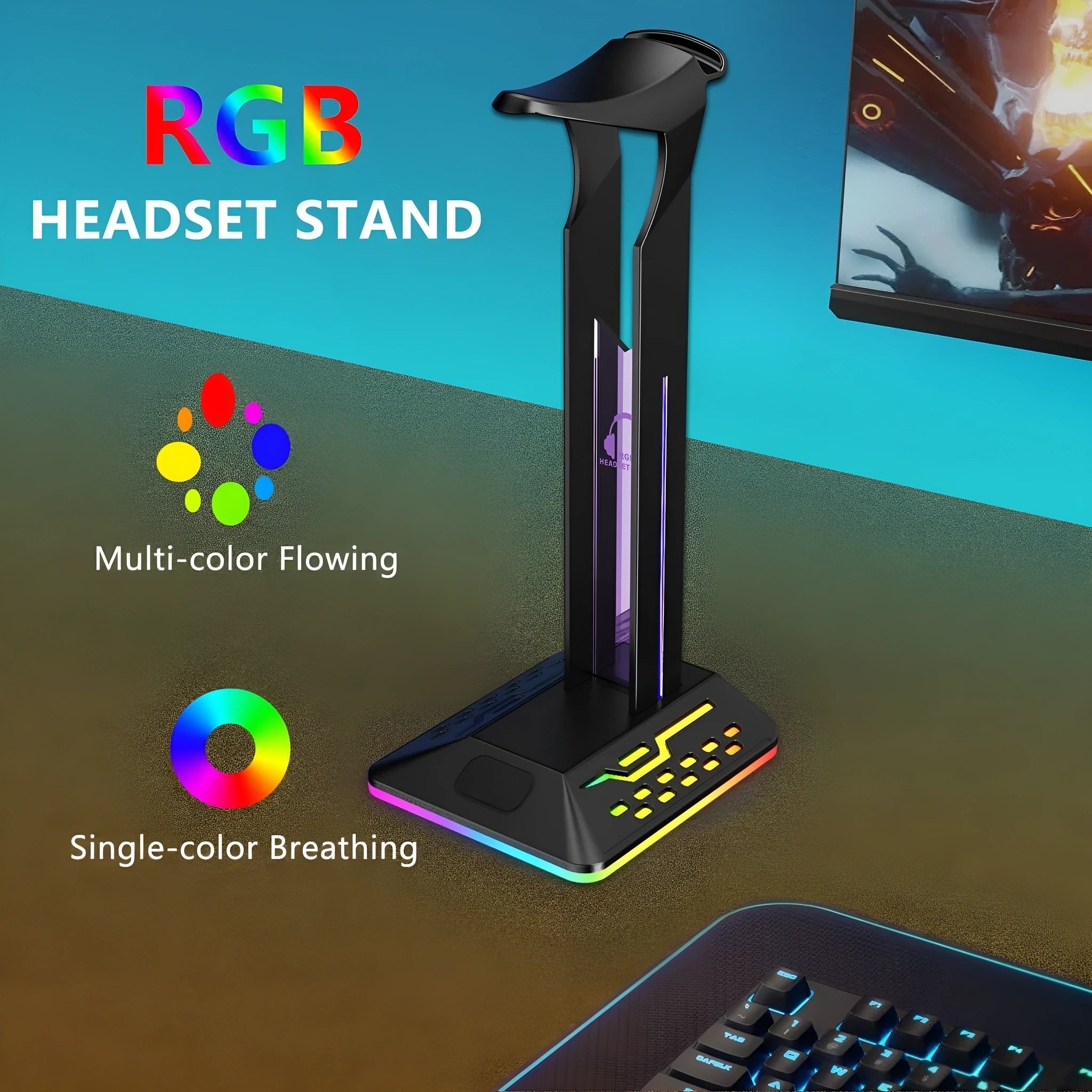RGB headset display rack with dual USB charging ports and colour-changing acrylic side panels