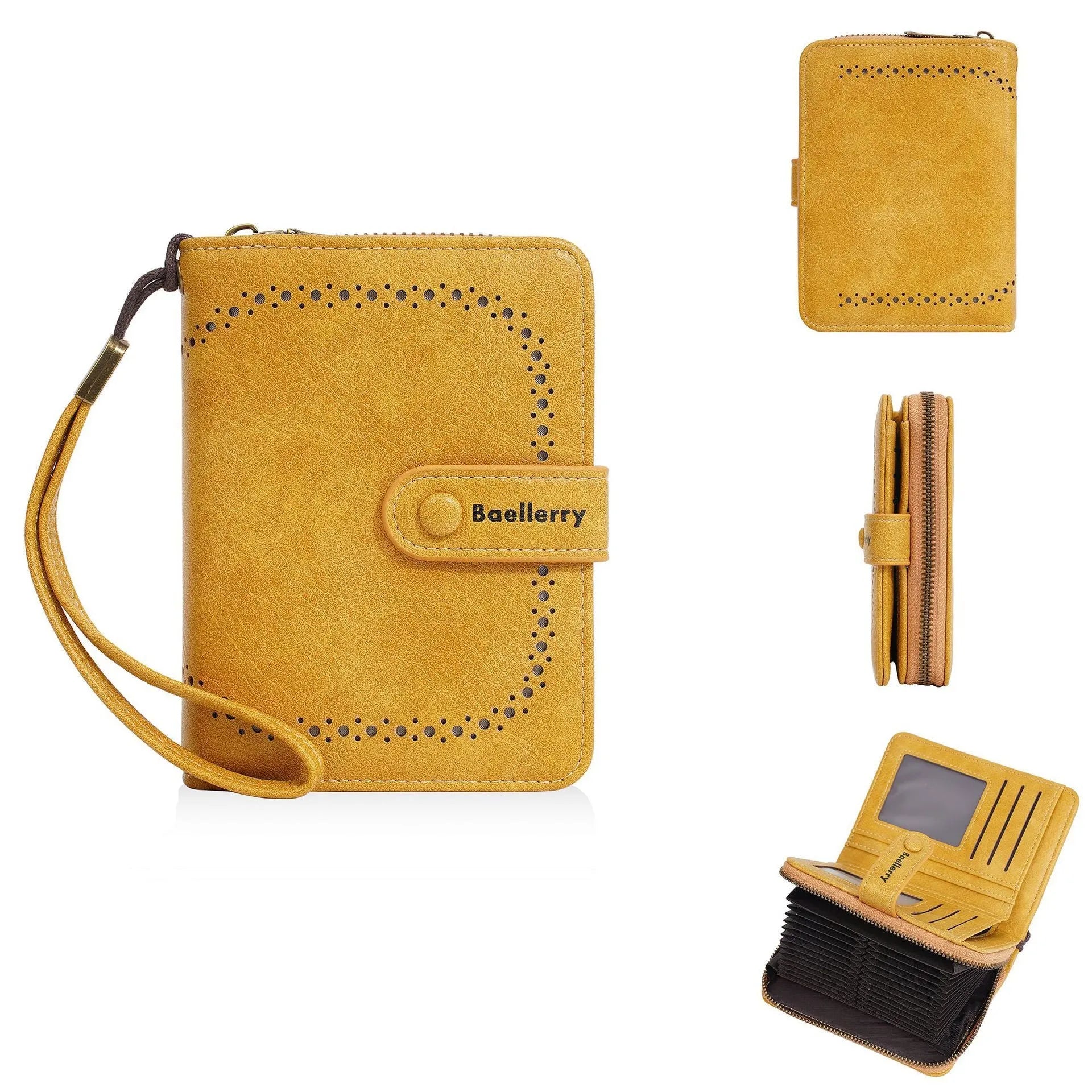 Women's black PU leather zip coin purse lying open showing card slots and a coin compartment.