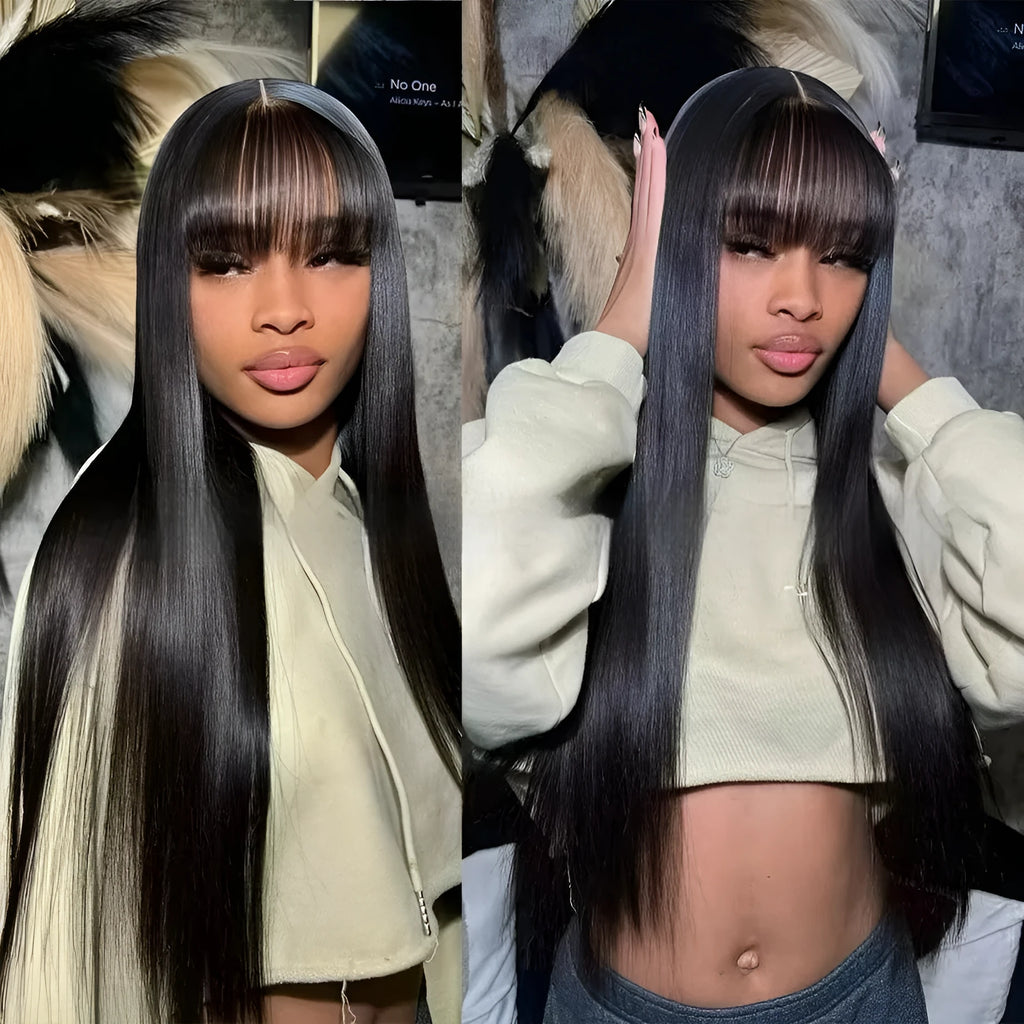 Natural colour human hair wig with full-mechanism headgear shown at medium length