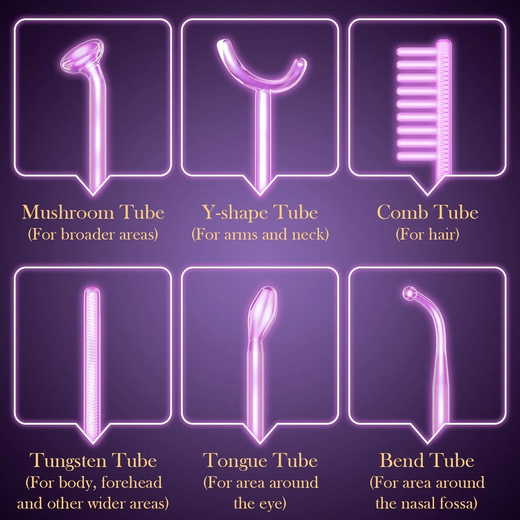 Purple high-frequency electrotherapy rod with six accessory heads for professional skin rejuvenation treatments