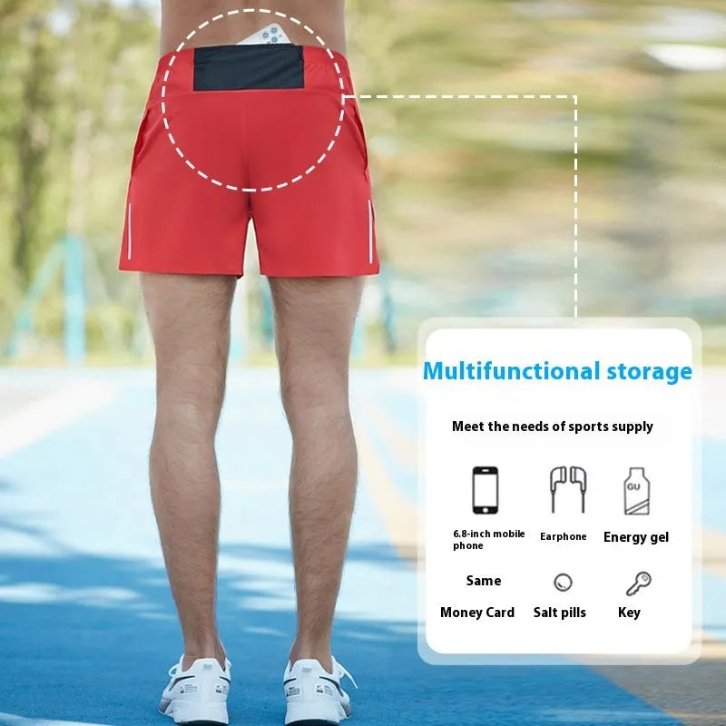 Men's red off-road running shorts with high-waist loose fit for trail running