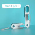 Blue portable dog water bottle with foldable silicone drinking bowl attached, showing integrated carry handle