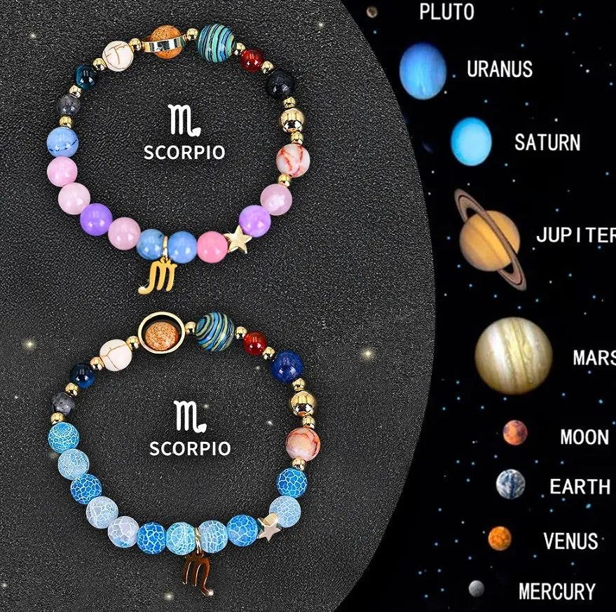 Set of twelve natural stone beaded bracelets with individual zodiac charms for each horoscope sign