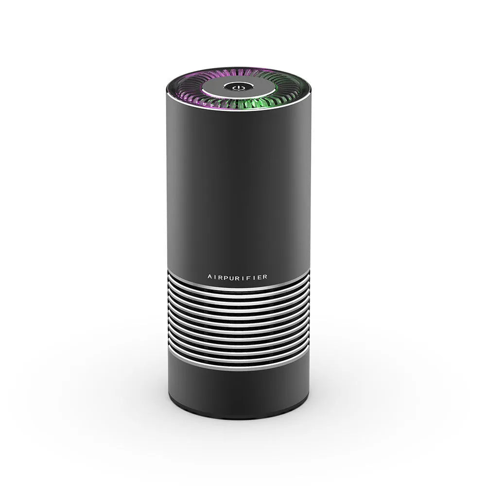 Compact wireless car air purifier in aluminium alloy and ABS, shown in black, silver, and metallic grey.