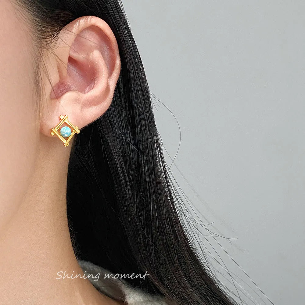 Geometric cross quadrangle stud earrings in 925 sterling silver with Seiko treatment