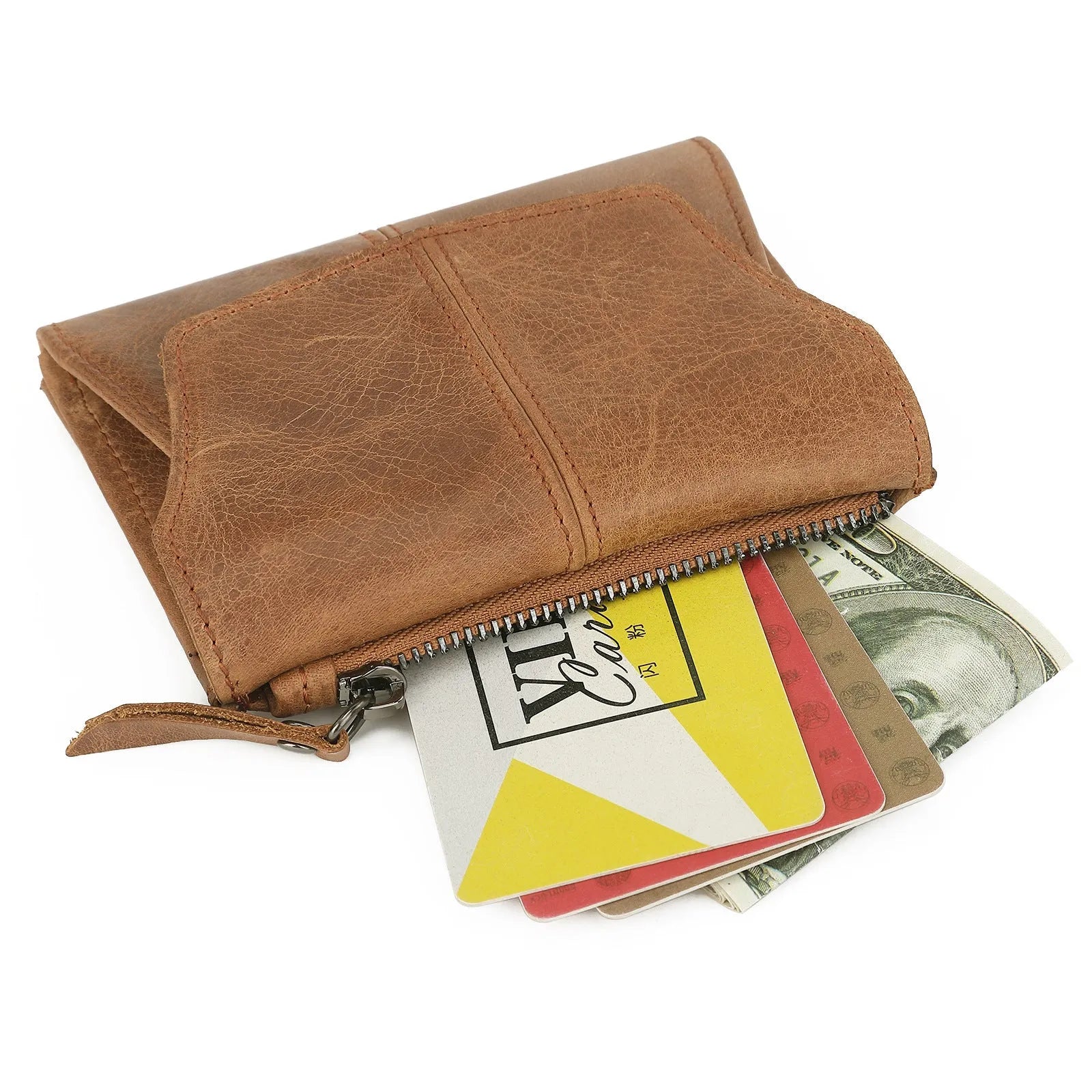 Genuine leather coin purse with stitching details in brown colour showing RFID protection feature