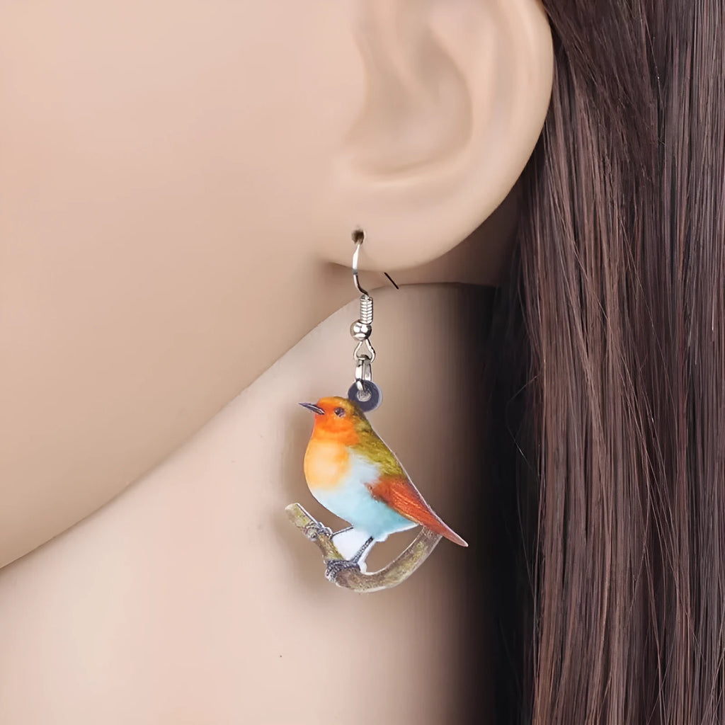 Acrylic blue titmouse geometric animal pendant earrings with snake chain details