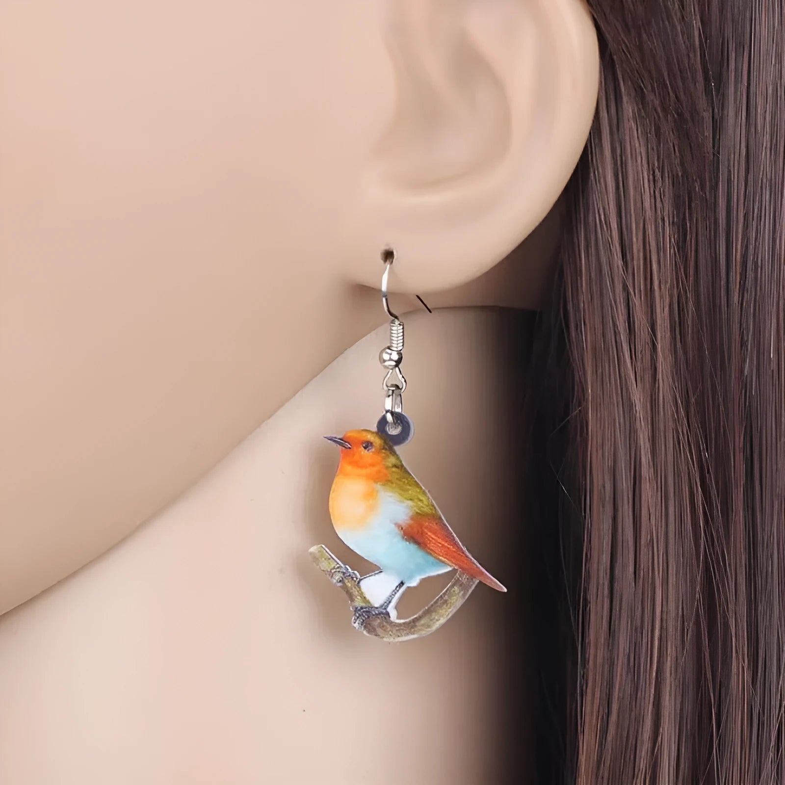 Acrylic blue titmouse geometric animal pendant earrings with snake chain details