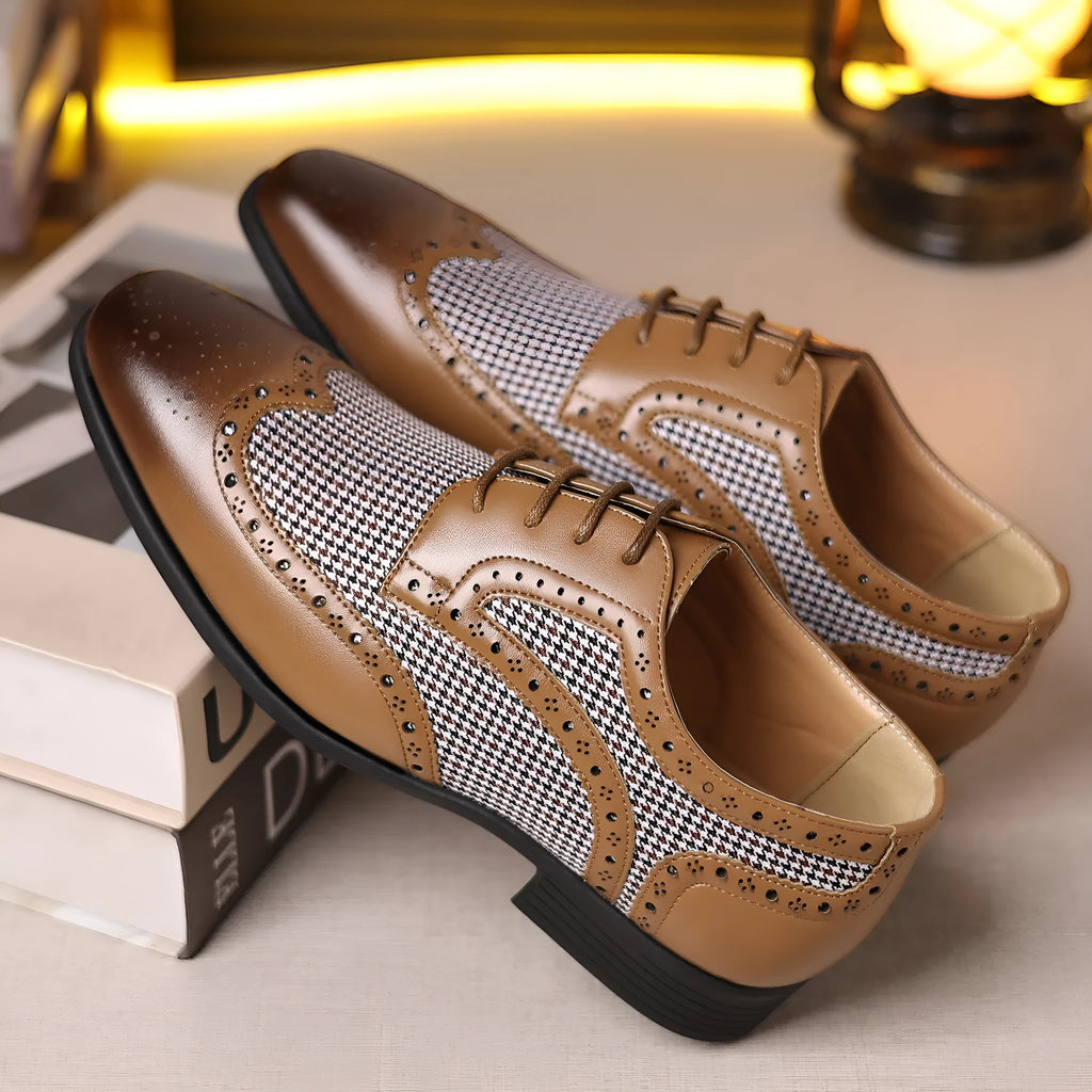 Men's black houndstooth pattern casual leather shoes with square toe and lace-up front.