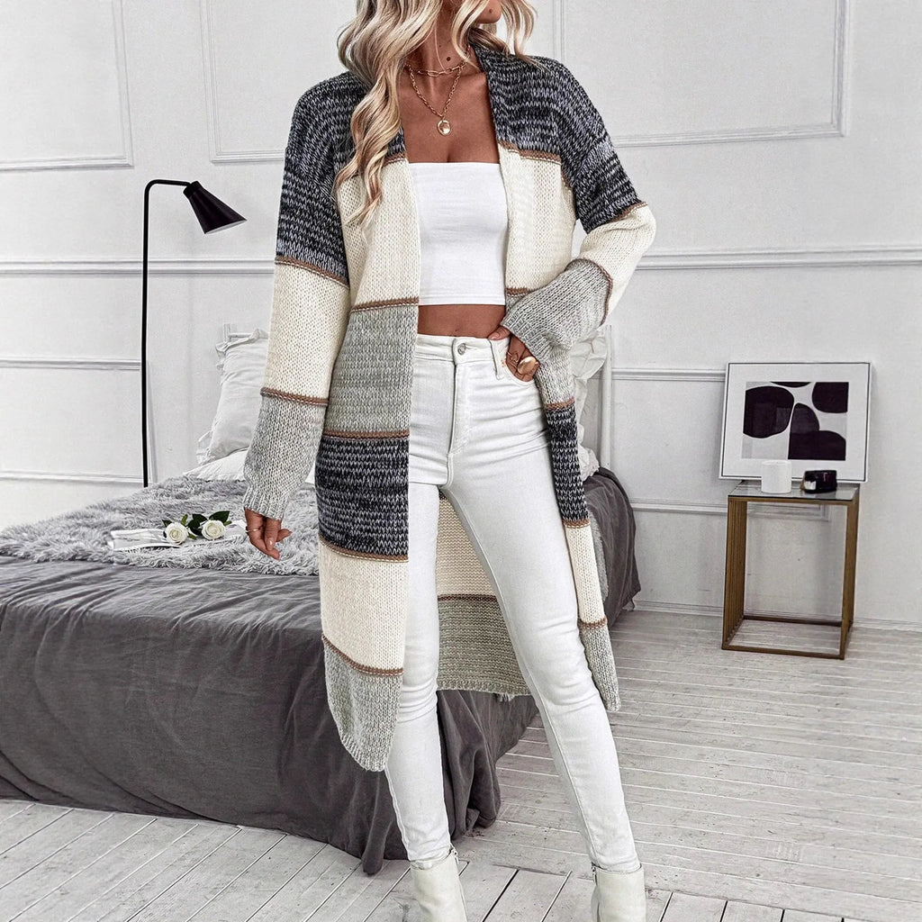 Grey women's loose fit knitted long sleeve cardigan with striped or plaid pattern
