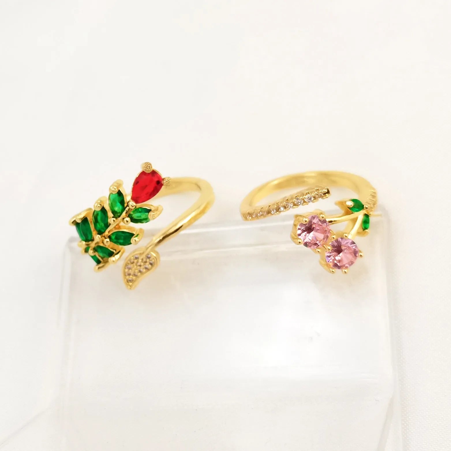 Copper gold plated open ring with micro-inlaid zircon leaf design in pink or green