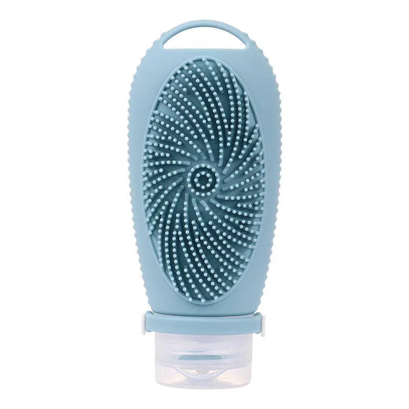 Silicone bath brush storage bottle in various colours showing 100ml capacity for bathroom organisation.