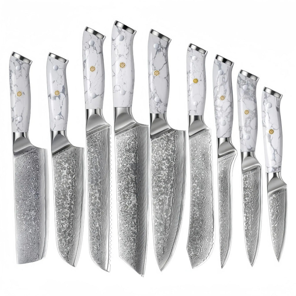 Damascus pattern VG10 steel combined chef knife with 21cm blade on wooden surface