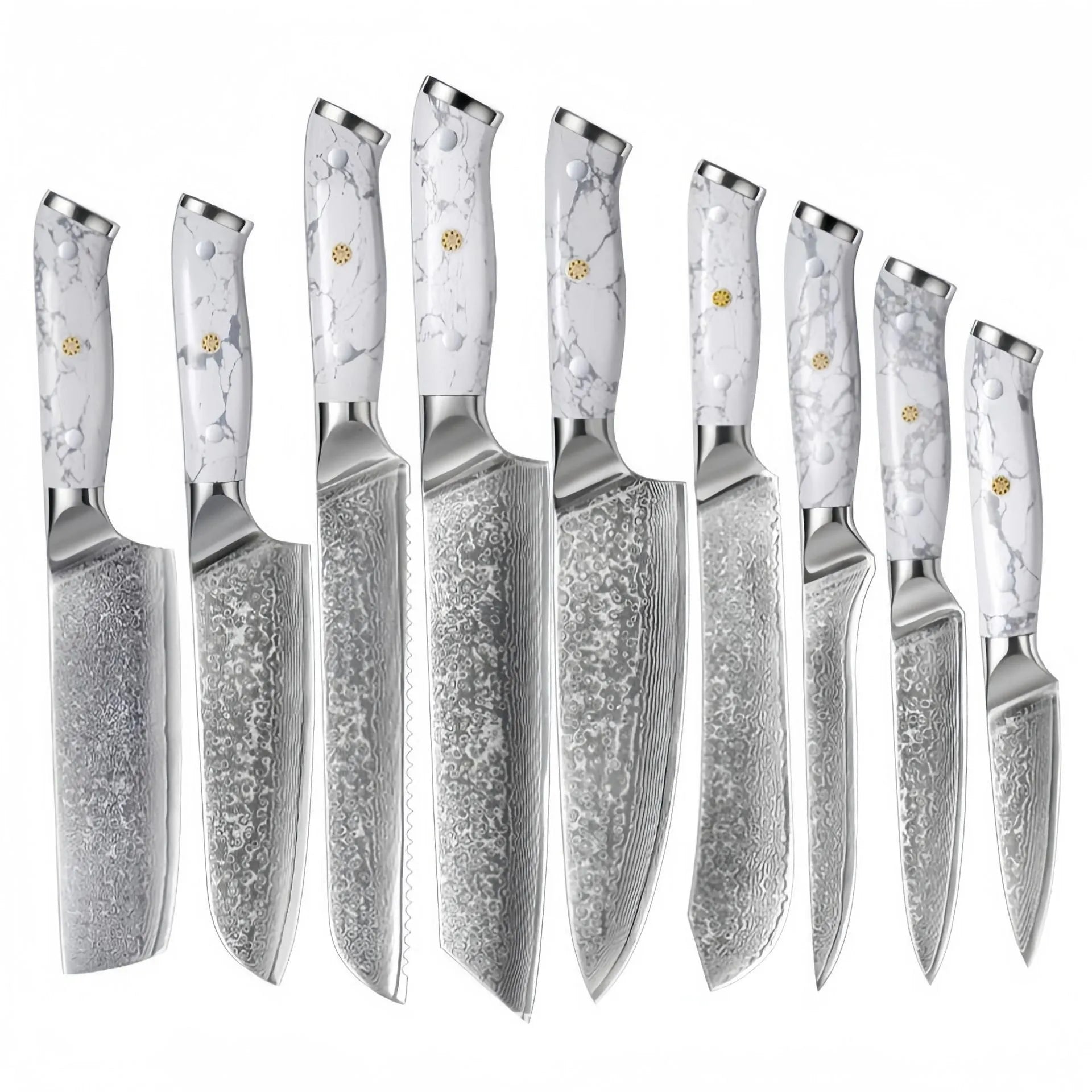 Damascus pattern VG10 steel combined chef knife with 21cm blade on wooden surface