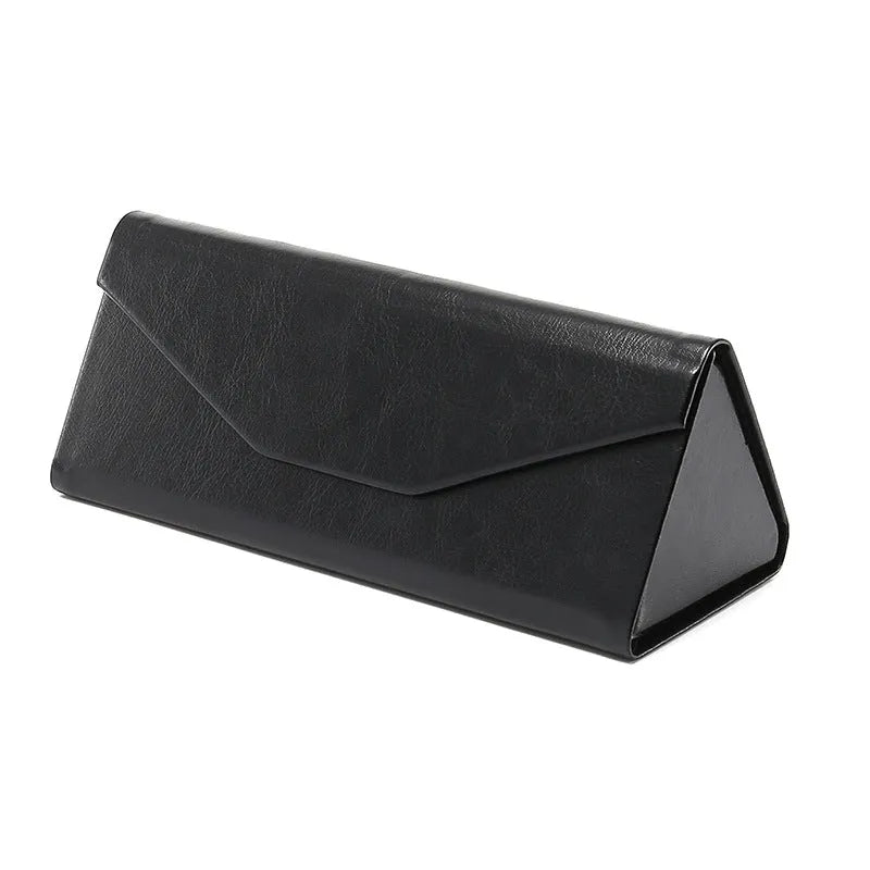Handmade triangular folding glasses case in PU cowhide, shown open and closed, with colour options displayed.
