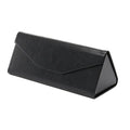 Handmade triangular folding glasses case in PU cowhide, shown open and closed, with colour options displayed.