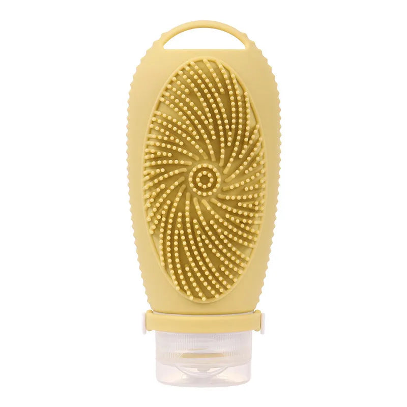 Silicone bath brush storage bottle in various colours showing 100ml capacity for bathroom organisation.