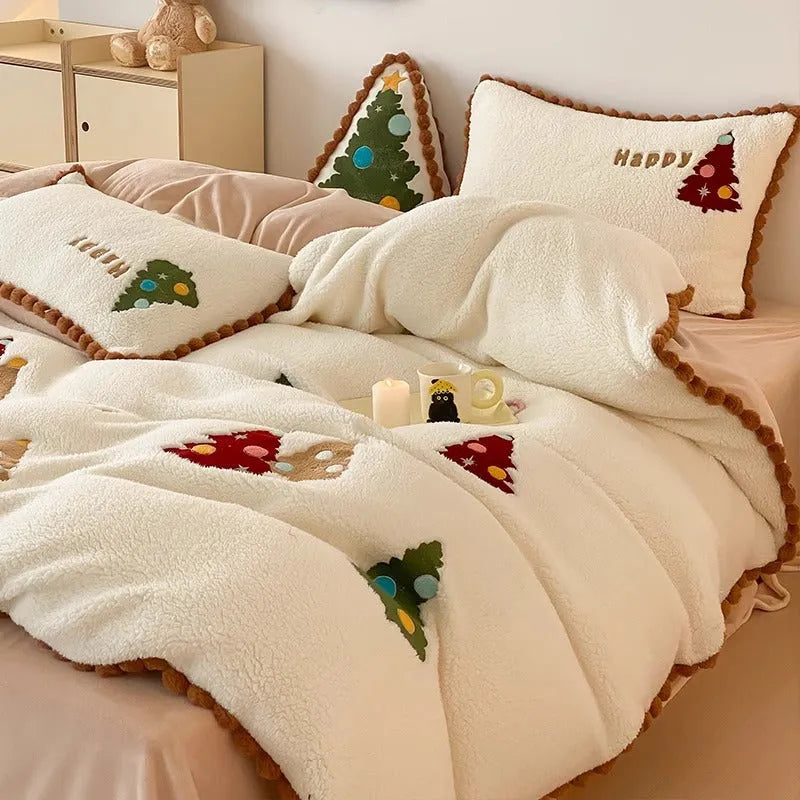 Bright yellow Christmas tree cartoon pattern fleece-lined four-piece bedding set with embroidery