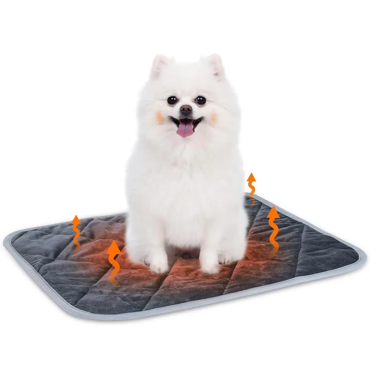 Grey rectangular cloth pet cushion shown in four different sizes on a wooden floor.