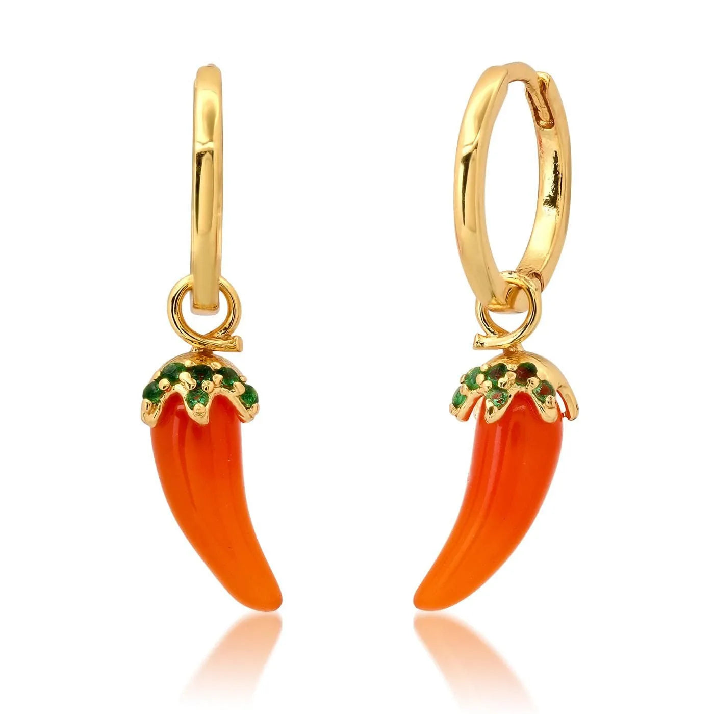 Gold plated copper earrings with detailed carrot, orange, blueberry, chilli, lemon, olive, and peach designs.
