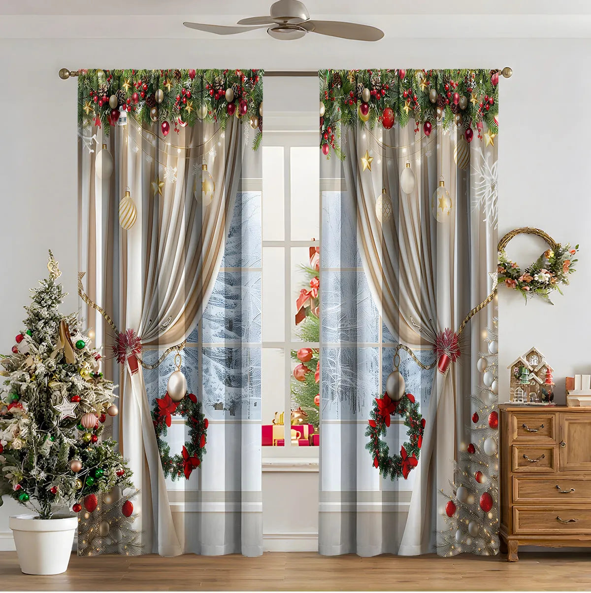 3D digitally printed Christmas curtain panel showing one of fifteen European design options