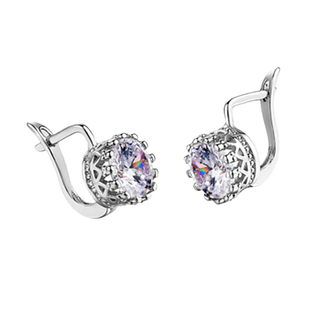 Korean retro crown ear clip earrings with white diamond details in rose gold and white gold colour options