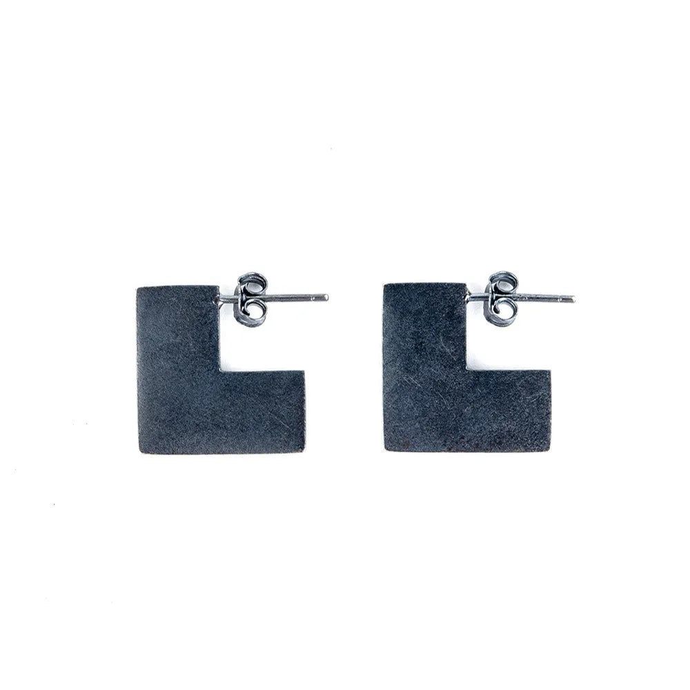 Oxidation black sterling silver geometric square earrings, 16mm minimalist cold wind style