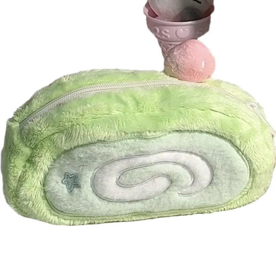 Honeydew colour Swiss roll cake design velvet pencil case in Korean style