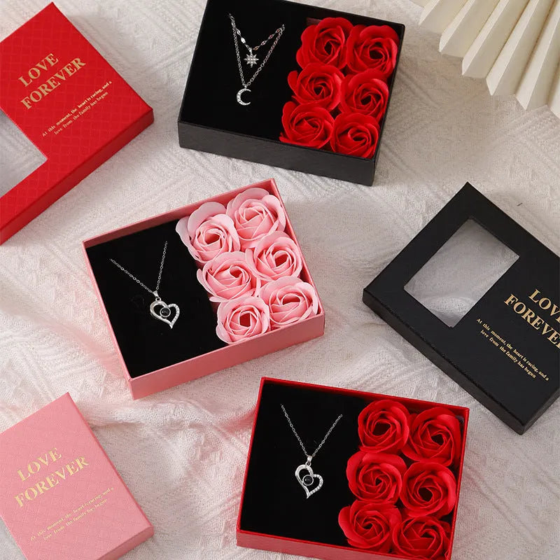 Red Korean-style soap flower gift set with six flowers in a box, handbag, and measuring 12.5 by 8.5 by 4.5 cm.