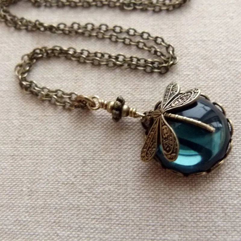 Yellow 925 silver dragonfly pendant necklace with vintage bronze carving on chain
