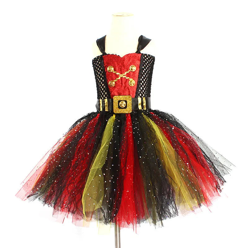 Girls sleeveless pirate Halloween dress costume with sequin, mesh, and lace decoration.