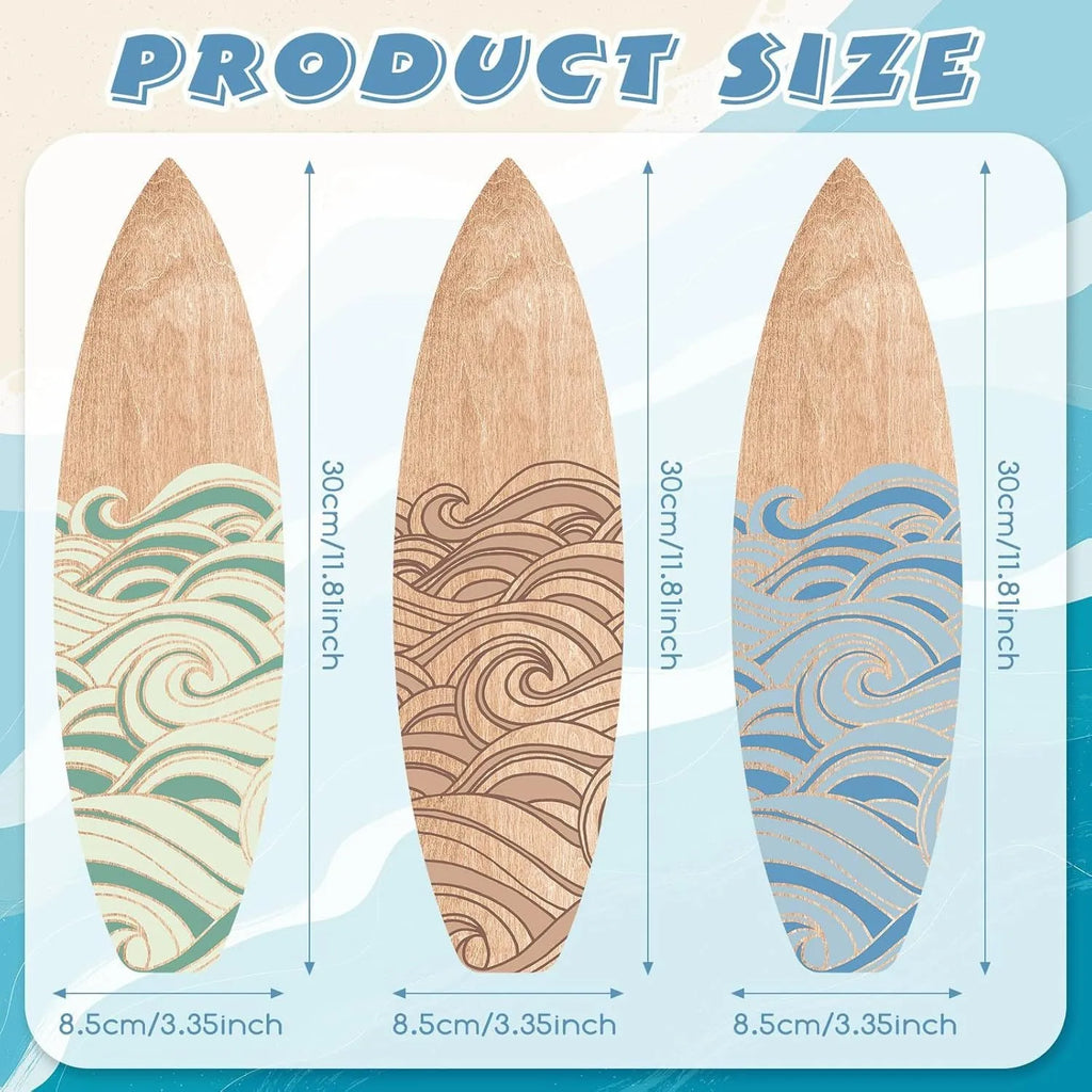 Three wooden surfboard-shaped wall decorations displayed together