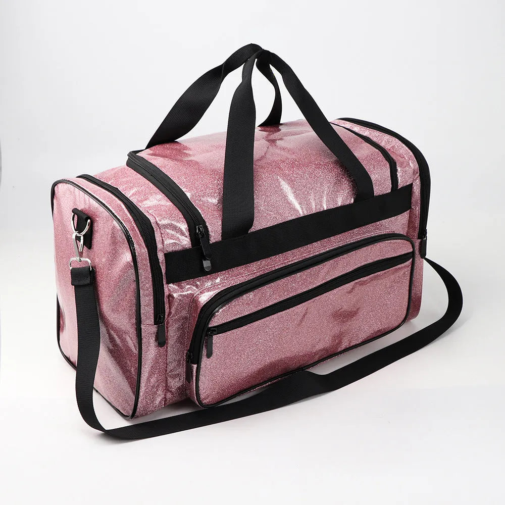 Large silver PU leather sports handbag with letter design for yoga and fitness