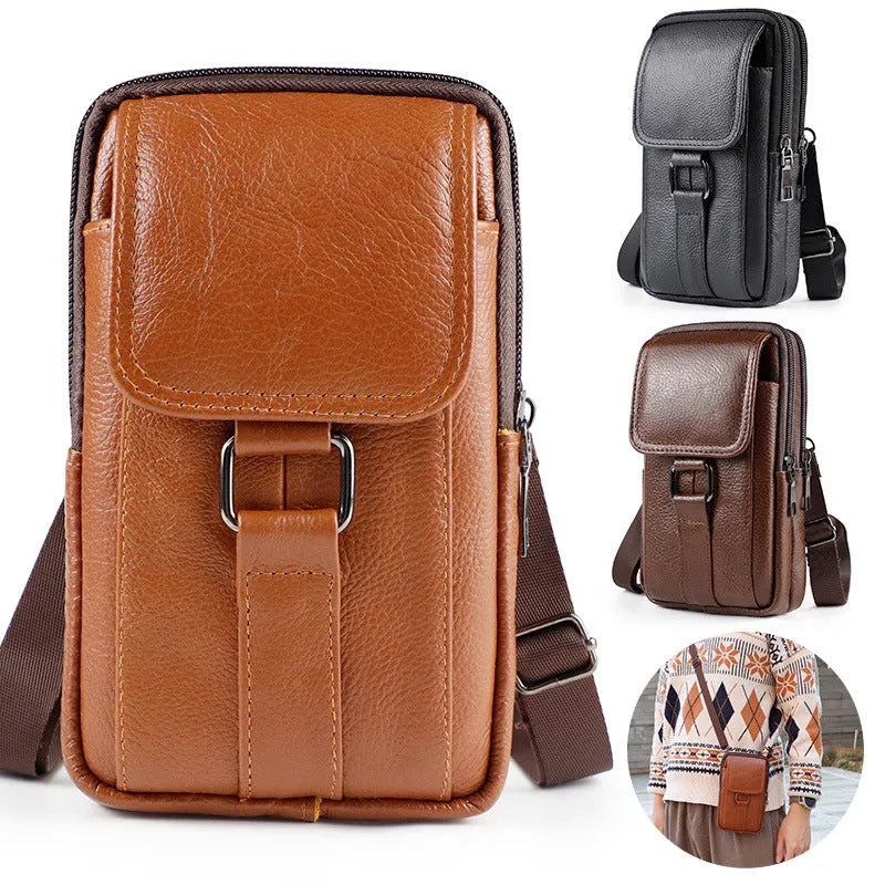 Men's black genuine leather waist crossbody bag with lock closure and vertical square design