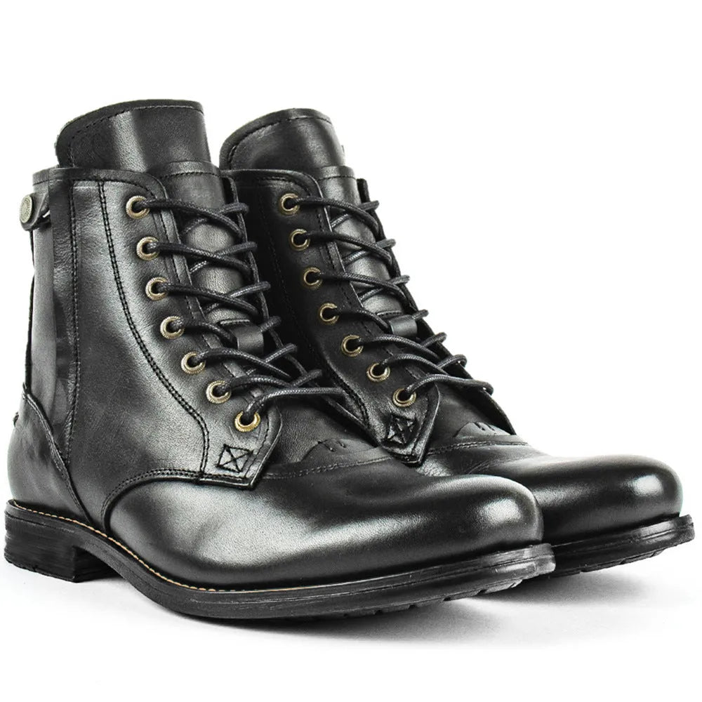 Men's black and brown two-tone leather boots with a side zip and low heel.