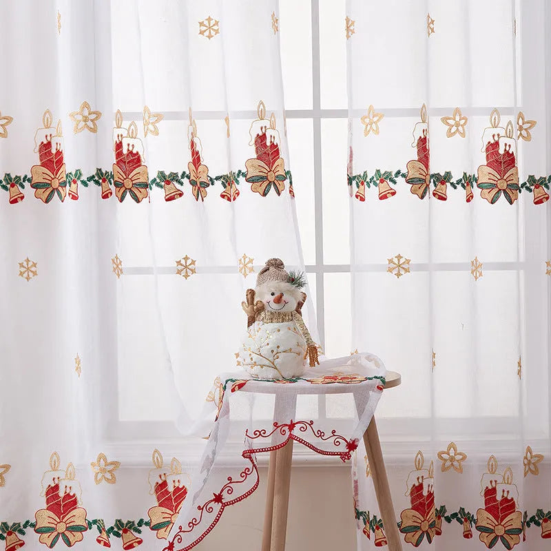 Pair of red and white Christmas curtains with embroidered snowflake pattern