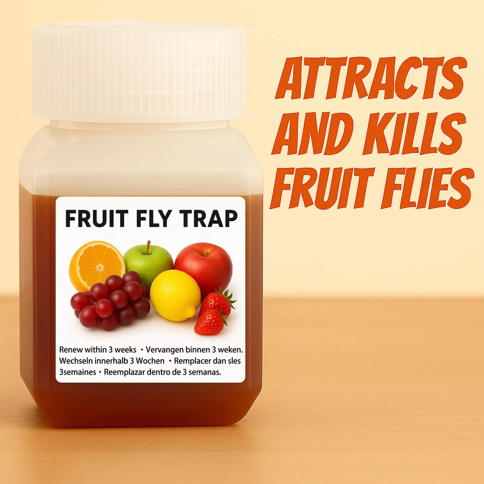 Bottle of fruit fly bait liquid for homemade traps with SK003 specifications