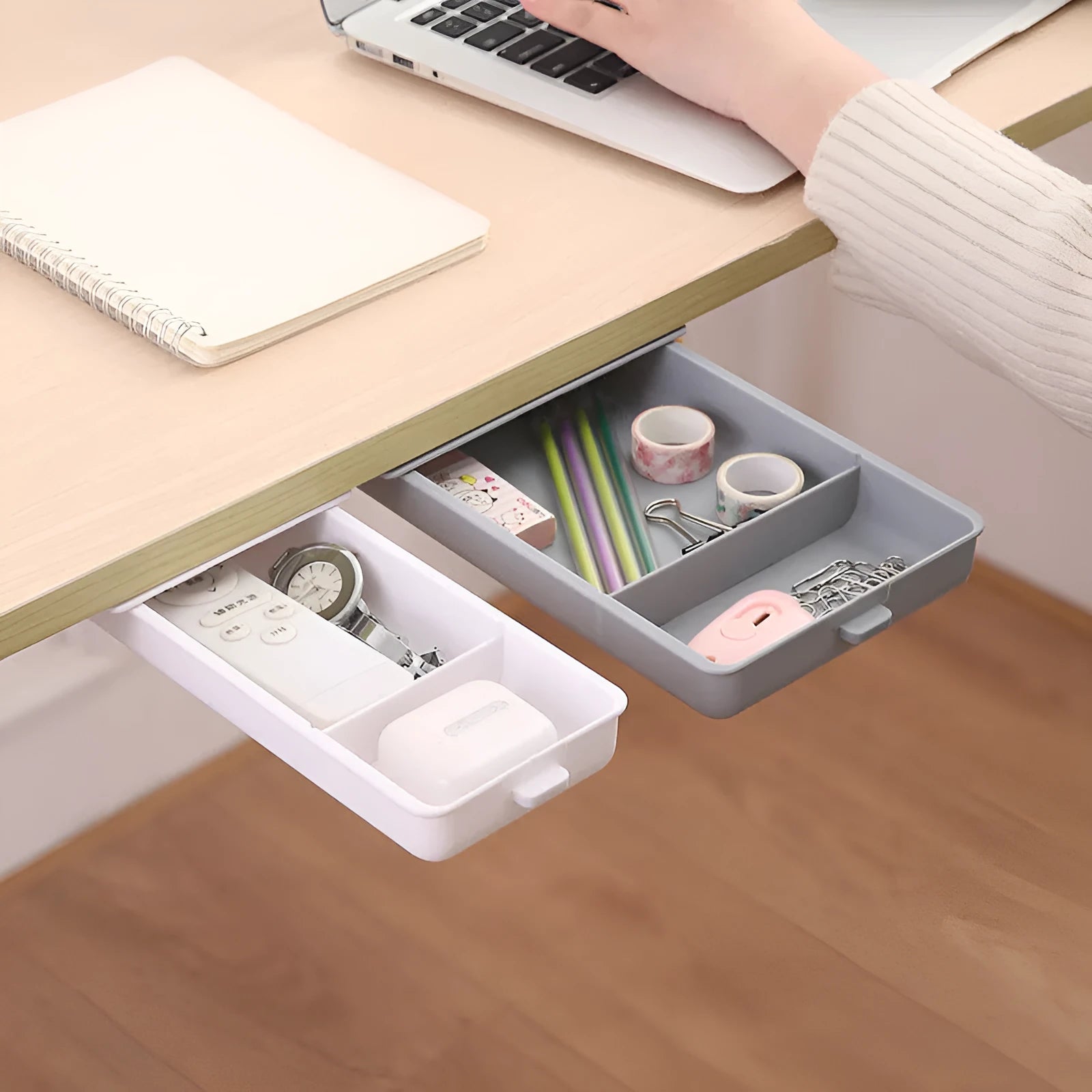 Adhesive plastic storage drawer box for under-table mounting in solid colours