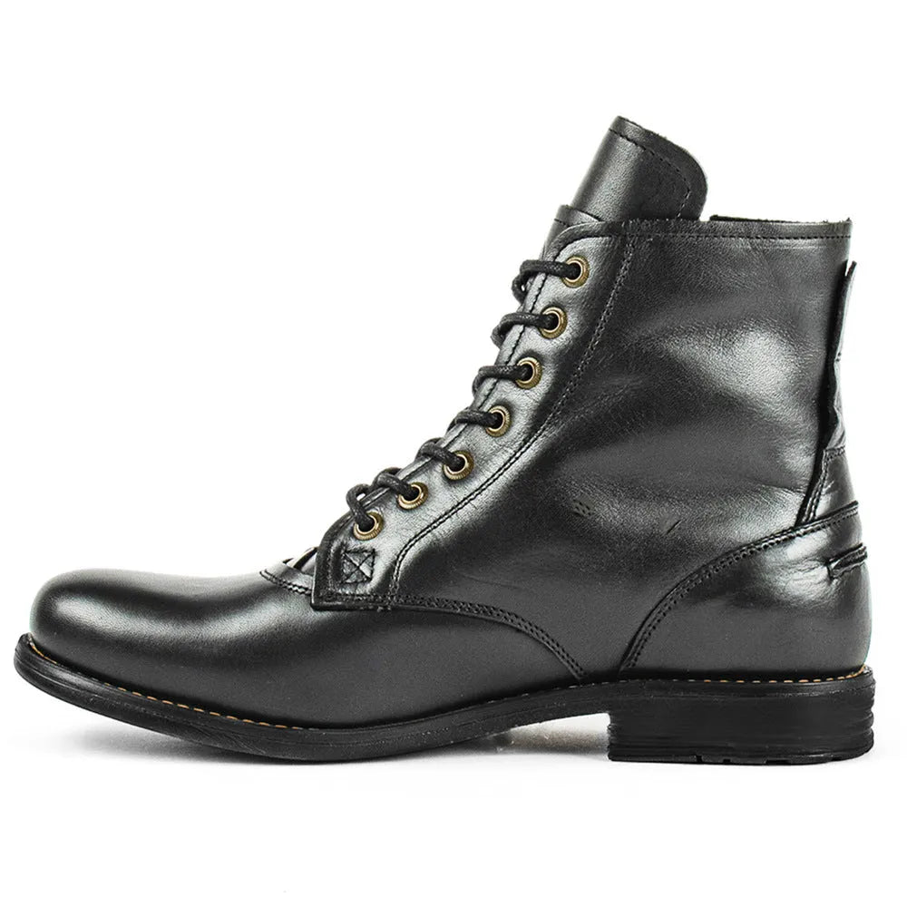 Men's black and brown two-tone leather boots with a side zip and low heel.