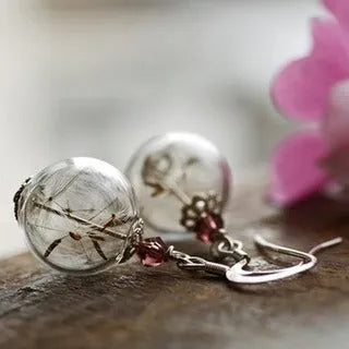 16mm transparent glass ball earrings with crystal dandelion seed detailing on French hooks