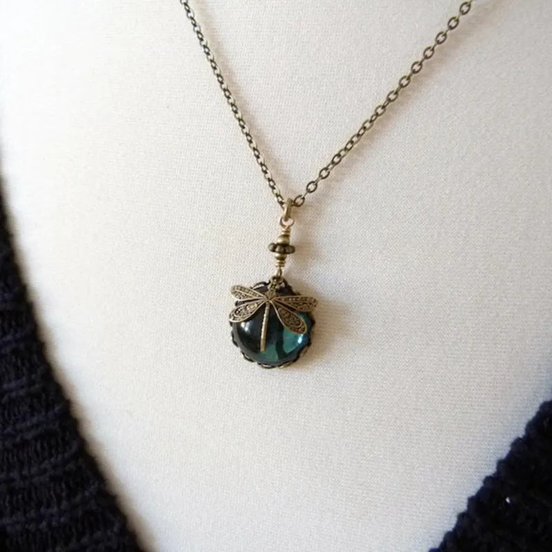 Yellow 925 silver dragonfly pendant necklace with vintage bronze carving on chain