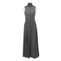 Grey women's slim-fit cotton dress with half turtleneck neckline and backless design.