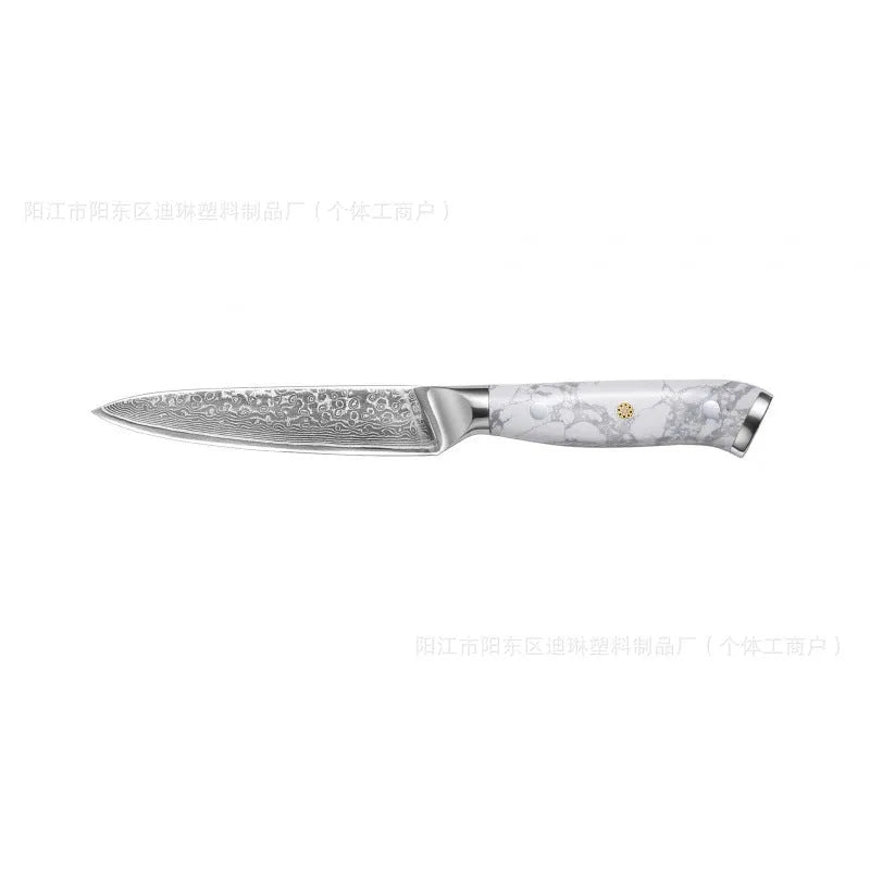 Damascus pattern VG10 steel combined chef knife with 21cm blade on wooden surface