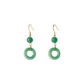 A pair of geometric green jade design Peace Buckle earrings in zinc alloy on a white background.