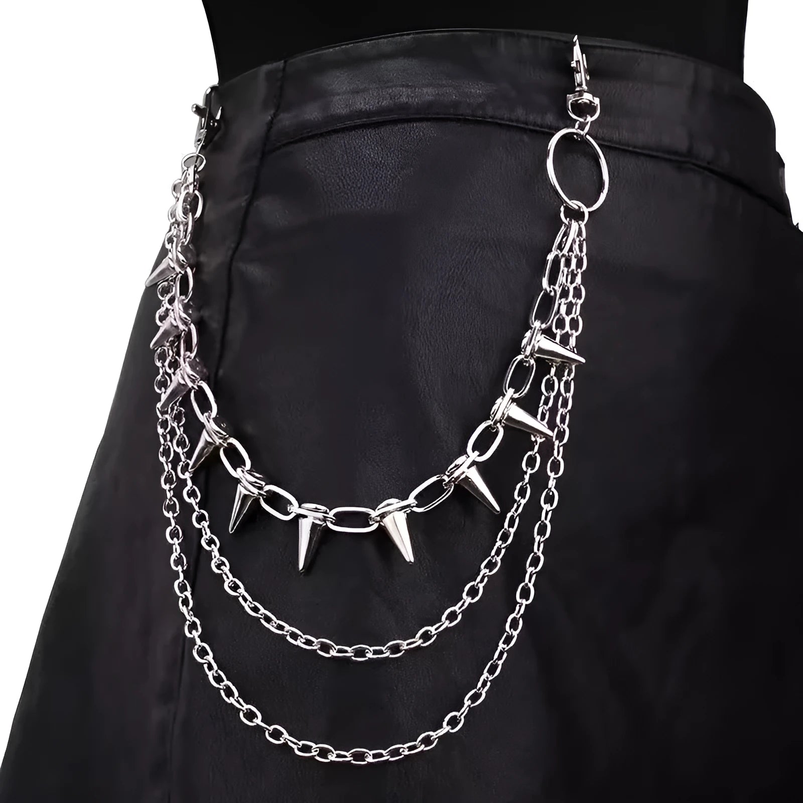 Silver metal trousers chain with double layer design and rivet detailing for punk hip hop style